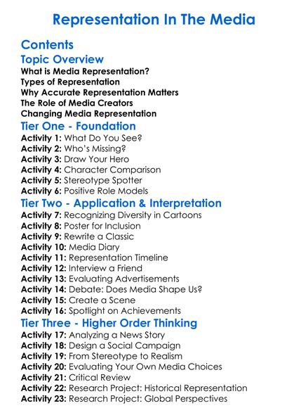 Representation In The Media Worksheet Activity Booklet