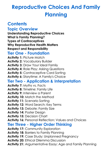 Reproductive Choices And Family Planning Worksheet Activity Booklet