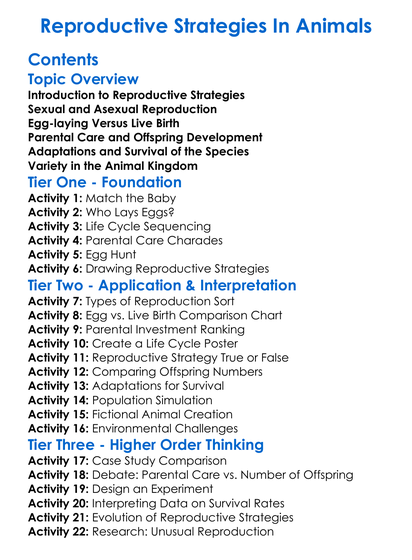 Reproductive Strategies In Animals Worksheet Activity Booklet
