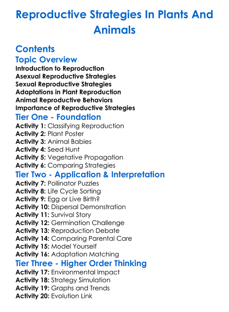 Reproductive Strategies In Plants And Animals Worksheet Activity Booklet