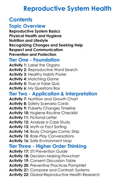 Reproductive System Health Worksheet Activity Booklet