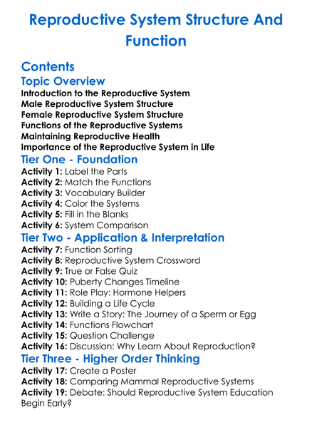 Reproductive System Structure And Function Worksheet Activity Booklet