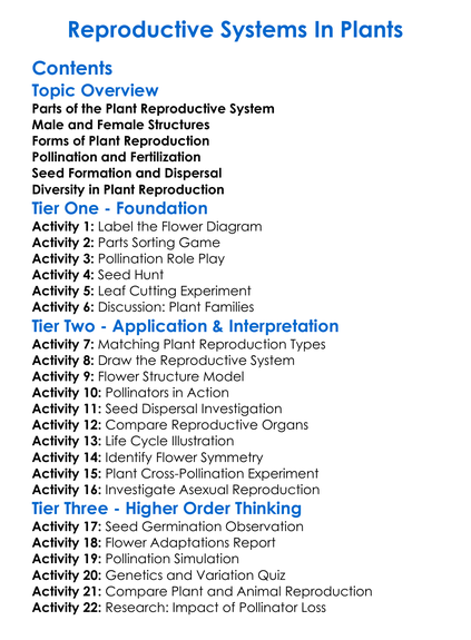 Reproductive Systems In Plants Worksheet Activity Booklet