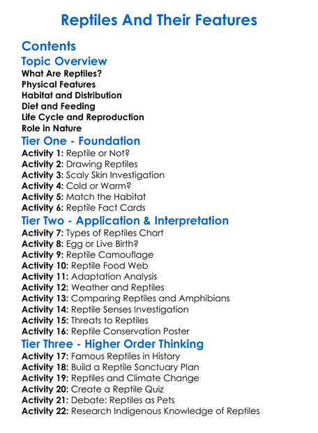 Reptiles And Their Features Worksheet Activity Booklet