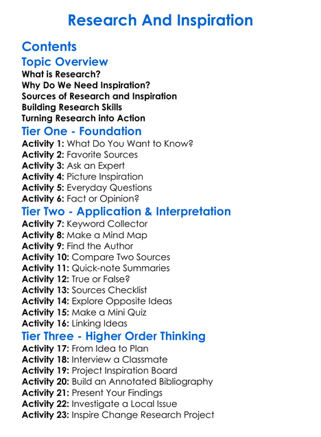 Research And Inspiration Worksheet Activity Booklet