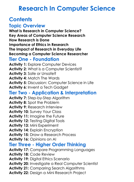Research In Computer Science Worksheet Activity Booklet