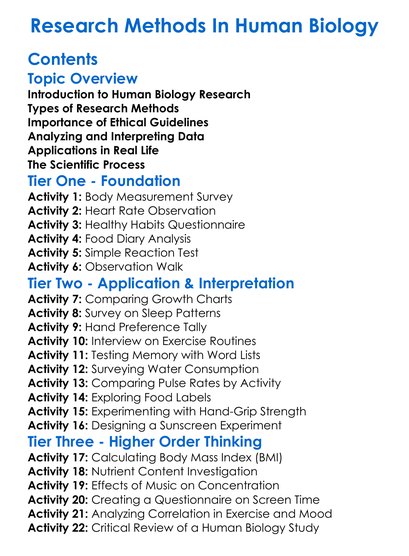Research Methods In Human Biology Worksheet Activity Booklet