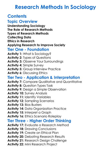 Research Methods In Sociology Worksheet Activity Booklet