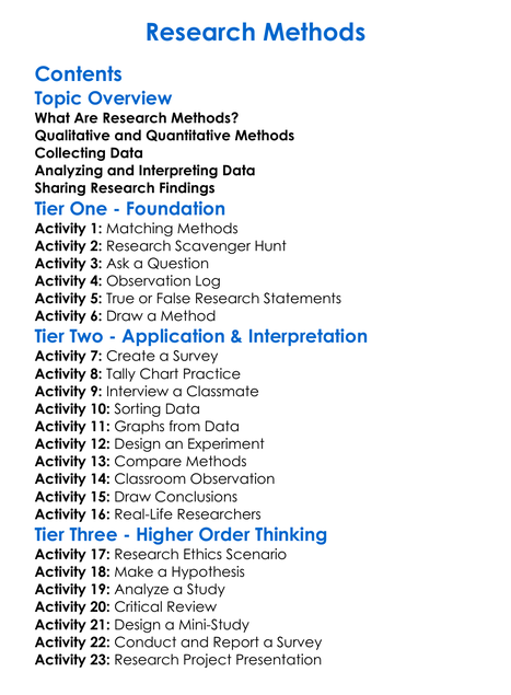 Research Methods Worksheet Activity Booklet