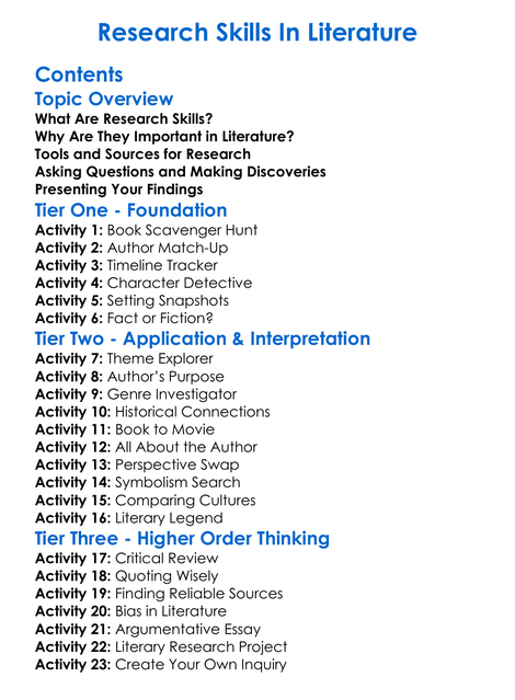 Research Skills In Literature Worksheet Activity Booklet