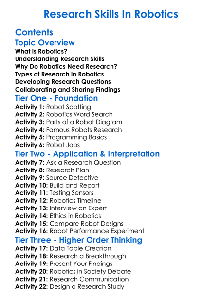 Research Skills In Robotics Worksheet Activity Booklet