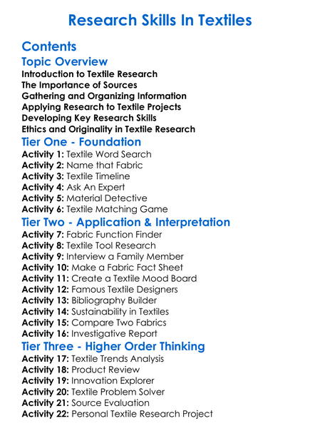 Research Skills In Textiles Worksheet Activity Booklet