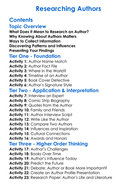 Researching Authors Worksheet Activity Booklet