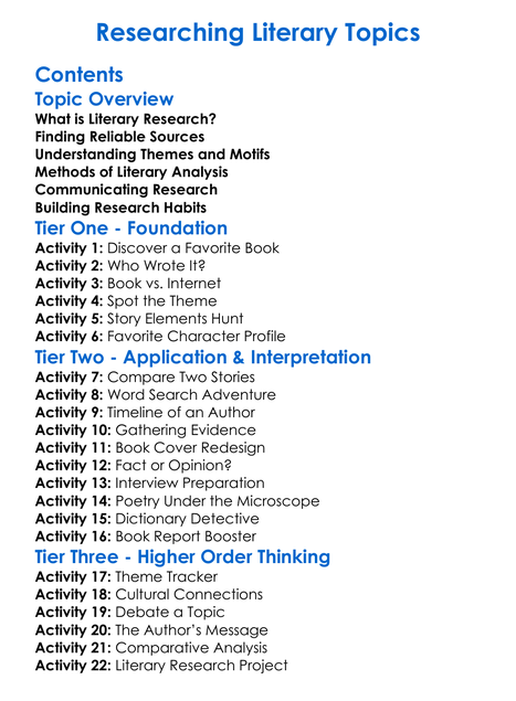 Researching Literary Topics Worksheet Activity Booklet