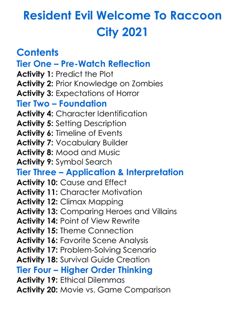 Resident Evil Welcome To Raccoon City 2021 Worksheet Activity Booklet