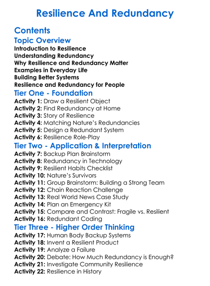 Resilience And Redundancy Worksheet Activity Booklet