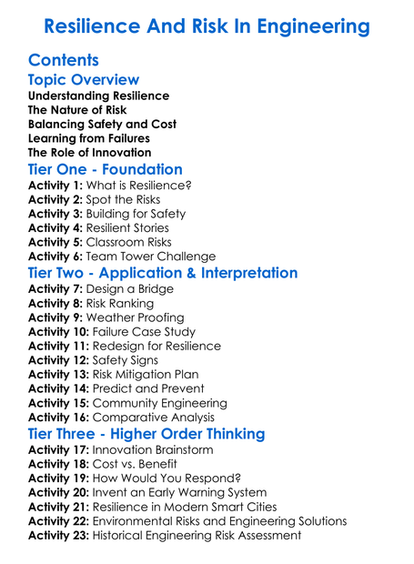 Resilience And Risk In Engineering Worksheet Activity Booklet
