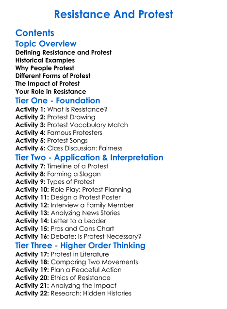 Resistance And Protest Worksheet Activity Booklet