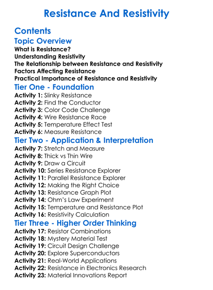 Resistance And Resistivity Worksheet Activity Booklet
