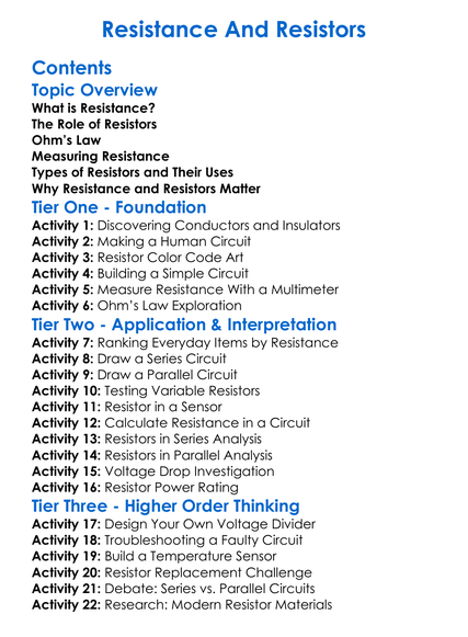 Resistance And Resistors Worksheet Activity Booklet