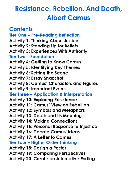 Resistance Rebellion And Death Albert Camus Worksheet Activity Booklet