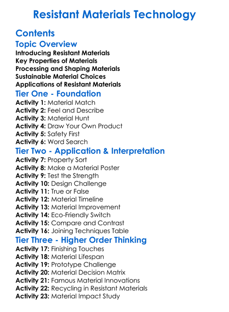 Resistant Materials Technology Worksheet Activity Booklet