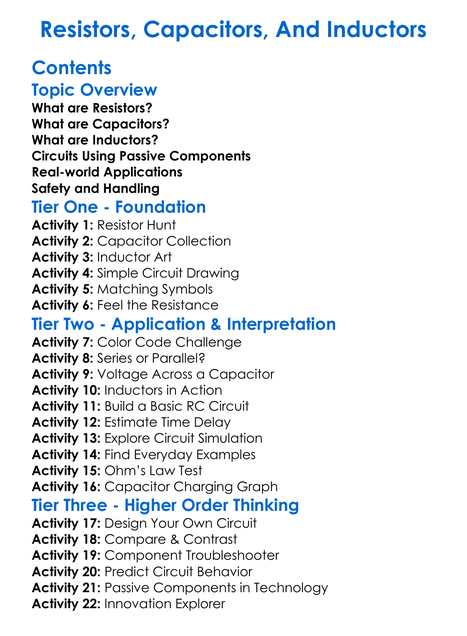 Resistors Capacitors And Inductors Worksheet Activity Booklet