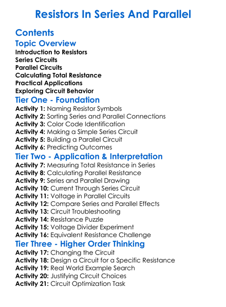 Resistors In Series And Parallel Worksheet Activity Booklet