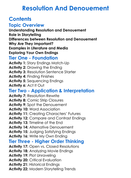Resolution And Denouement Worksheet Activity Booklet