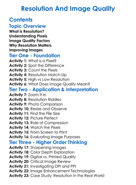 Resolution And Image Quality Worksheet Activity Booklet