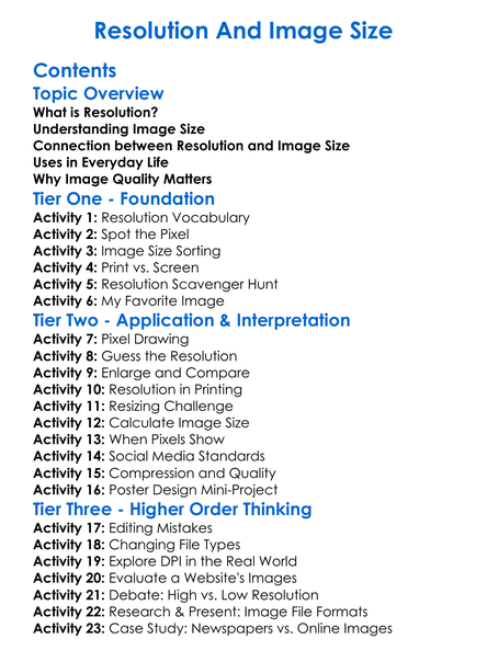 Resolution And Image Size Worksheet Activity Booklet