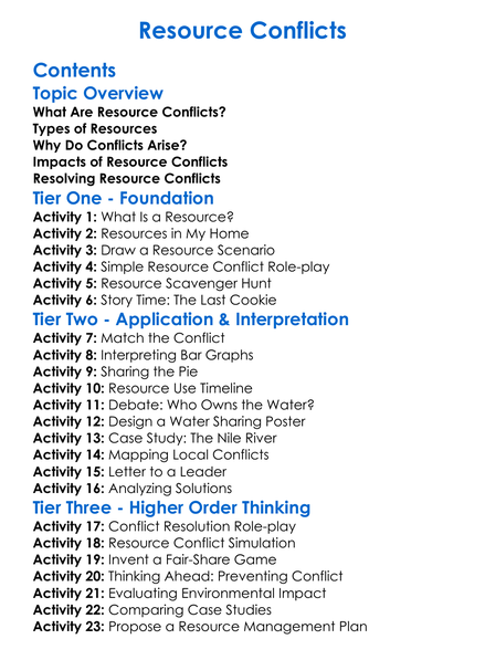 Resource Conflicts Worksheet Activity Booklet