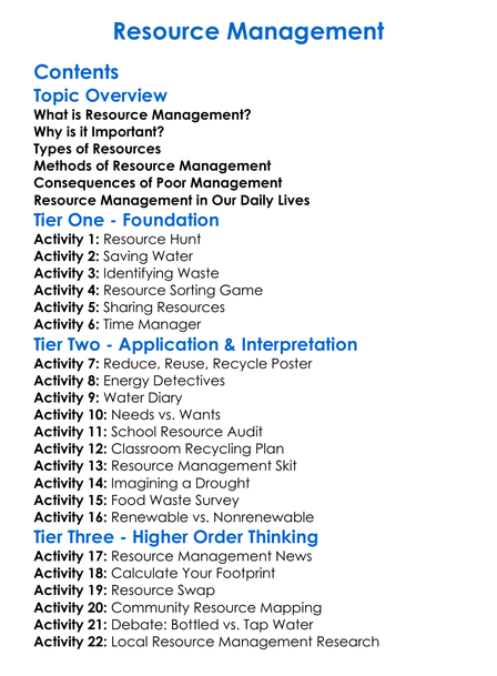Resource Management Worksheet Activity Booklet