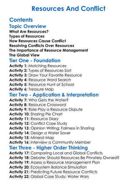 Resources And Conflict Worksheet Activity Booklet