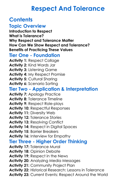 Respect And Tolerance Worksheet Activity Booklet