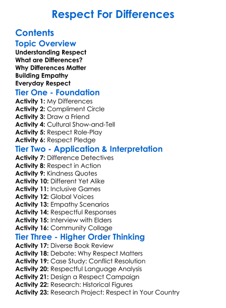 Respect For Differences Worksheet Activity Booklet