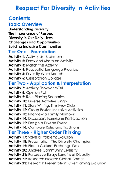 Respect For Diversity In Activities Worksheet Activity Booklet