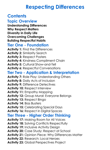 Respecting Differences Worksheet Activity Booklet