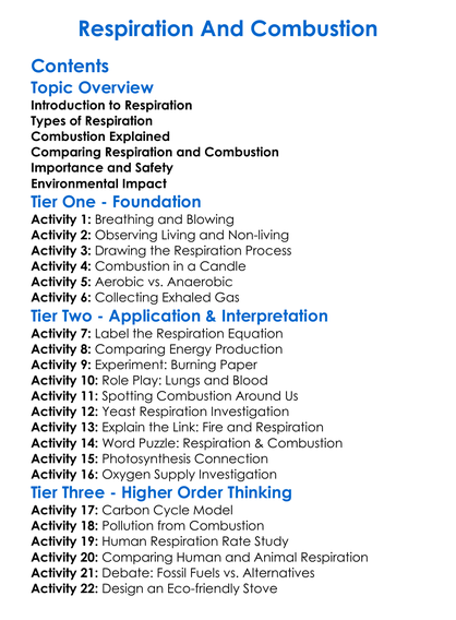 Respiration And Combustion Worksheet Activity Booklet