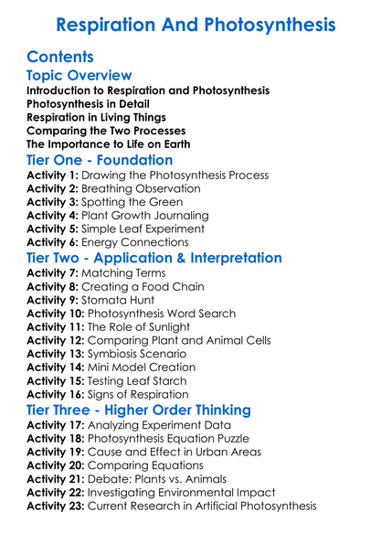 Respiration And Photosynthesis Worksheet Activity Booklet
