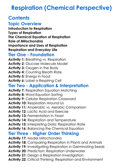 Respiration Chemical Perspective Worksheet Activity Booklet