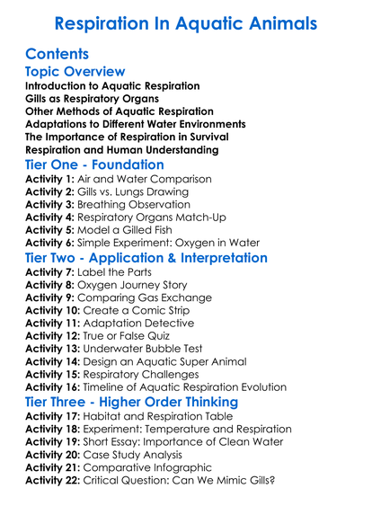 Respiration In Aquatic Animals Worksheet Activity Booklet