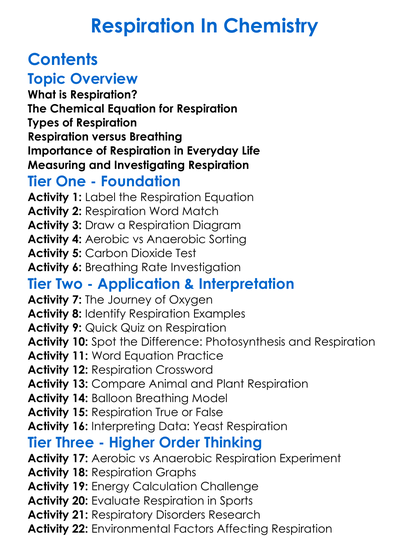Respiration In Chemistry Worksheet Activity Booklet