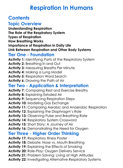 Respiration In Humans Worksheet Activity Booklet
