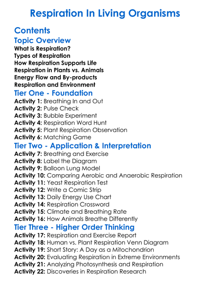 Respiration In Living Organisms Worksheet Activity Booklet
