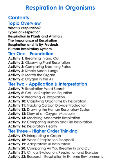 Respiration In Organisms Worksheet Activity Booklet
