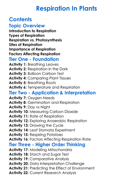 Respiration In Plants Worksheet Activity Booklet