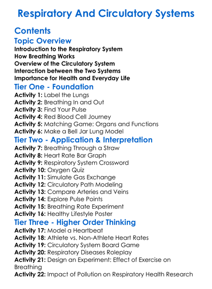 Respiratory And Circulatory Systems Worksheet Activity Booklet