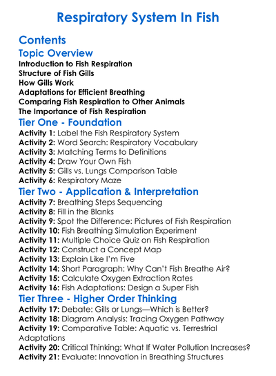 Respiratory System In Fish Worksheet Activity Booklet