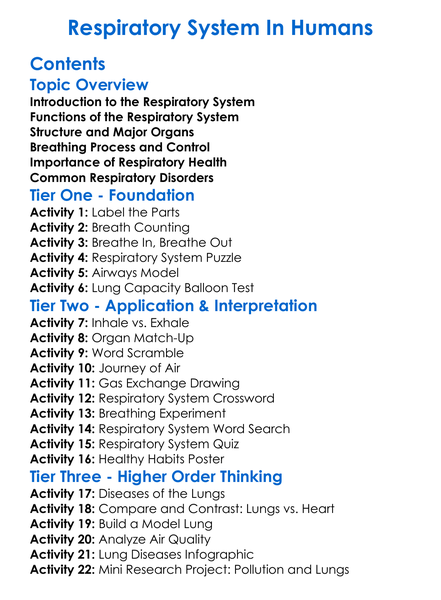 Respiratory System In Humans Worksheet Activity Booklet